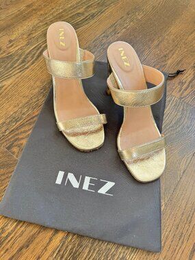 INEZ Gold Metallic Double-Strap Block Heel Sandal — Effortless Elevated Style